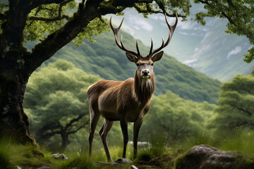 Magnificent Display of A Dynamic Deer amidst Verdant Greens of the Serene Wilderness: A Testament to the Enchantment of Nature.