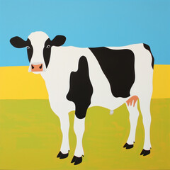 Funny card for birthday. Portrait of white and black cow on bright blue and yellow background - 759284393
