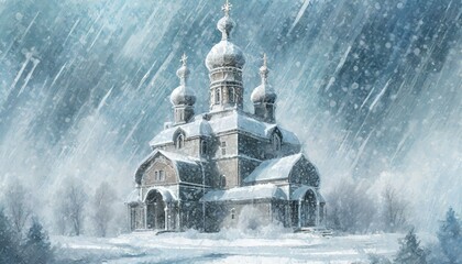 A huge orthodox church in a blizzard made of ice - obrazy, fototapety, plakaty