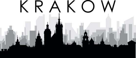 Black cityscape skyline panorama with gray misty city buildings background of KRAKOW, POLAND