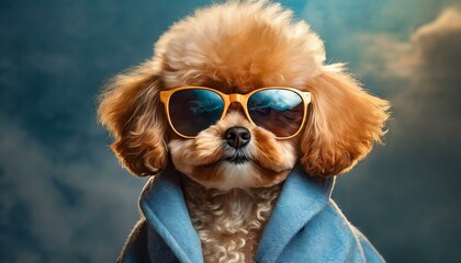 Happy fluffy orange Bichon dog wearing blue coat and sunglasses