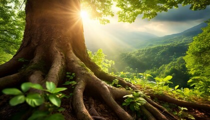 Closeup of a tree trunk and leaves with green wild nature blurred background and sun rays...