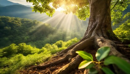 Closeup of a tree trunk and leaves with green wild nature blurred background and sun rays...