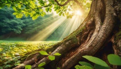Closeup of a tree trunk and leaves with green wild nature blurred background and sun rays Generative AI Illustration - obrazy, fototapety, plakaty