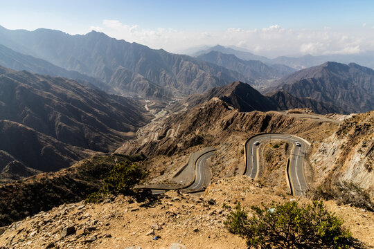 View of Al Souda mountains with a winding road near Abha, Saudi Arabia