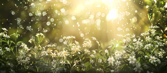 white flowers in the woods with sunshine