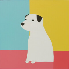 Funny card for birthday. Portrait of white dog with black ears on bright yellow, blue pink background - 759285398