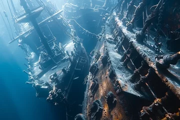 Papier Peint photo autocollant Naufrage A shipwreck is seen in the ocean with a lot of debris and fish swimming around it. Scene is eerie and mysterious, as the ship is long gone and the ocean is filled with life