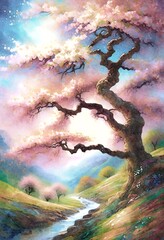 Soft pastel watercolor cherry tree