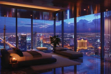 Papier Peint photo autocollant Las Vegas A large bedroom with a view of the city. The room is decorated with a black bed, a white bedspread, and a black and white rug. The room has a modern and sophisticated feel