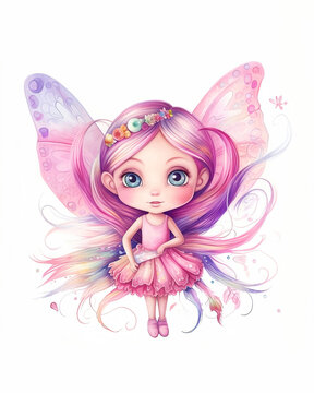 dibujo infantil animado hada mariposa fantástica, pequeña niña con alas, colores rosa, muy guapa , ojos grandes azules