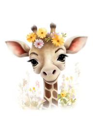 dibujo infantil jirafa simpatica con flores en la cabeza, fondo blanco, creado por IA