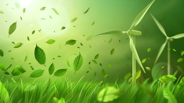 green grass with water drops,The banner shows wind turbines and solar panels for renewable energy