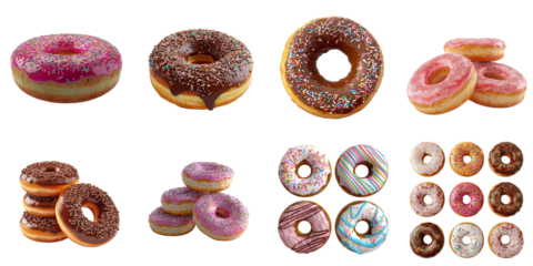 Baked donut transparent collection in 3d png using for presentation.