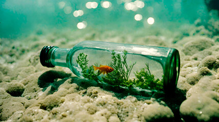 The small fish is swimming inside the bottle, which is filled with water. It depicts an underwater scene, with some long seaweeds around. - obrazy, fototapety, plakaty