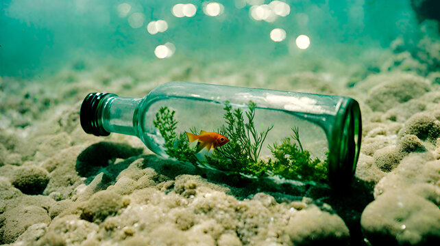 The small fish is swimming inside the bottle, which is filled with water. It depicts an underwater scene, with some long seaweeds around.