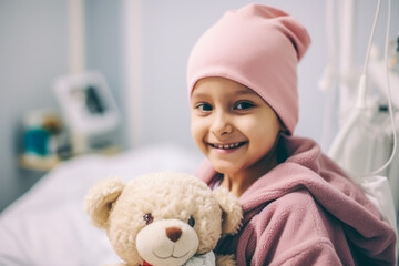 Healthcare, teddy bear and child cancer patient holding her toy for support or comfort. Medical, recovery and girl kid with leukemia standing after treatment or chemotherapy in a medicare hospital.
