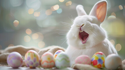 Cutre Easter Bunny sitting among Easter Eggs and laughing