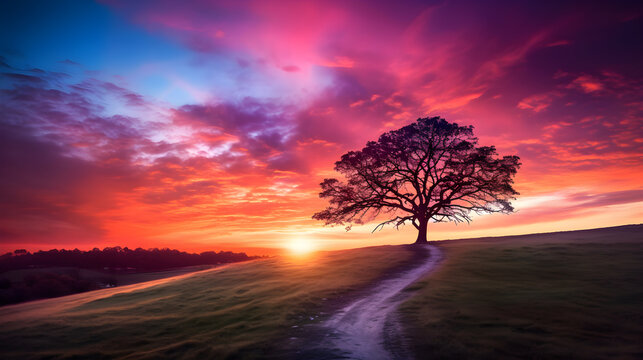 Resplendent Sunset Over the Horizon: A Spectacular Display of Nature's Twilight Colors and the Silhouette of a Solitary Tree