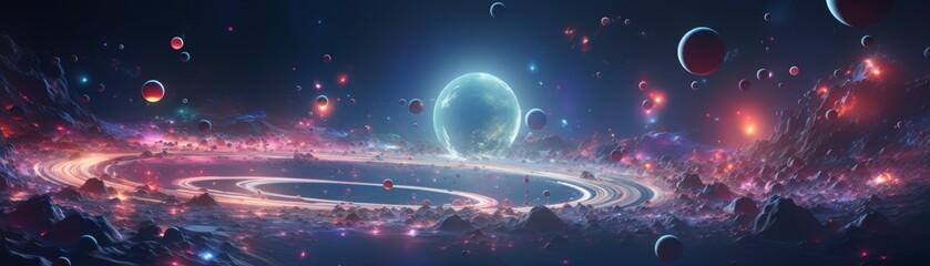 A panoramic digital artwork of a fantastical cosmic scene with glowing orbs, vibrant nebulas, and swirling energy paths against a celestial backdrop.