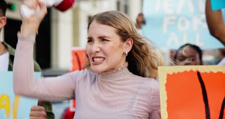 Woman, advocate and megaphone to scream for protest for civil or human rights, empowerment and speech for change or peace. Female person, march and microphone for voice for riot, equality and justice