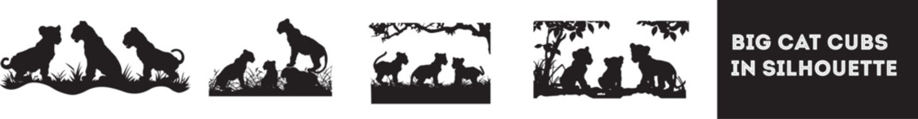Set of Big cat cubs in silhouette stock illustration