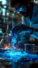 A chemist mixing glowing, indigo and teal liquids, causing a mesmerizing, luminous reaction in a dark lab