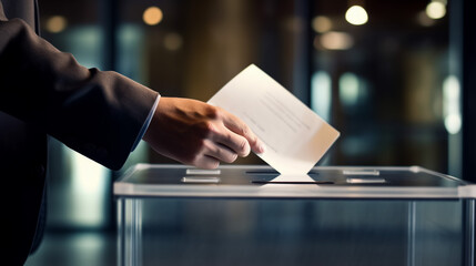 Woman putting a ballot into a voting box. - obrazy, fototapety, plakaty
