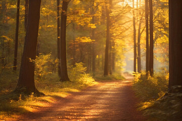 A pathway through a forest, with the dappled golden sunlight creating a mesmerizing bokeh on the ground.