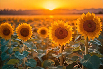 Obraz premium A sunflower field at golden hour, with the radiant sun casting a warm bokeh glow over the blossoms.