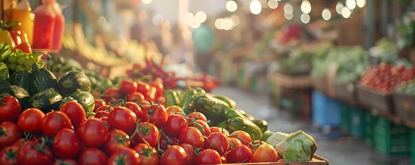 Bustling Farmer's Market, Vibrant Stalls Teeming with Fresh Organic Produce - obrazy, fototapety, plakaty