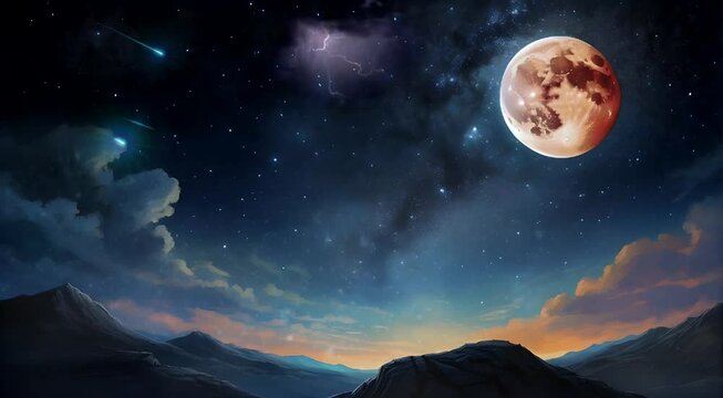 Ai Generated Footage illustration the starry sky moon and a space object with meteorid