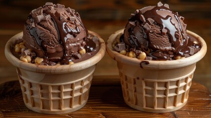 two scoops of ice cream with chocolate toppings on top of each ice cream cone on a wooden tray.
