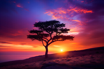 Fototapeta na wymiar Resplendent Sunset Over the Horizon: A Spectacular Display of Nature's Twilight Colors and the Silhouette of a Solitary Tree