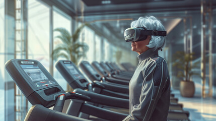 Elderly old woman in sportswear jogging on a treadmill wearing virtual reality goggles in a gymnasium