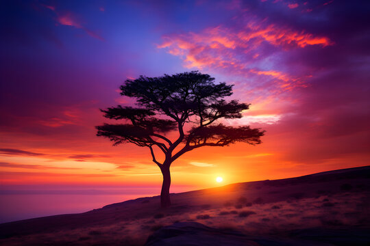 Resplendent Sunset Over the Horizon: A Spectacular Display of Nature's Twilight Colors and the Silhouette of a Solitary Tree