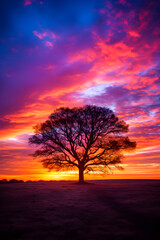 Fototapeta na wymiar Resplendent Sunset Over the Horizon: A Spectacular Display of Nature's Twilight Colors and the Silhouette of a Solitary Tree