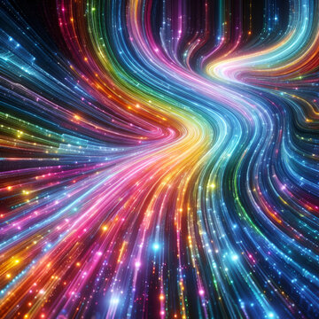Vibrant Fiber Optic Chromatic Wave of Speed Lines of Glowing Stream of Segmented Colorful Rainbow Colors against Black Background Weaving Exploration Through Time & Space. Intuitive Minkowski, Lorentz