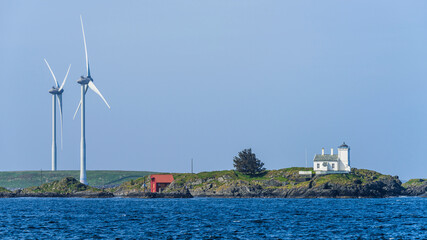 Windmills over Fjord, HAUGESUND, North Sea in Rogaland County, Åkrafjord, Norway - 759292529