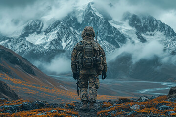 Soldier standing proudly on a mountain. Soldier concept - obrazy, fototapety, plakaty