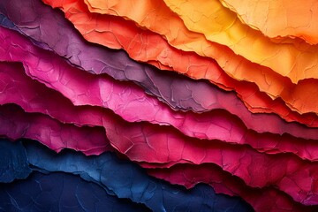 Vivid Multicolored Textured Background with Wavy Layers of Paper in Red, Orange, Pink, and Purple...