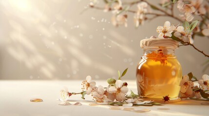 Jar of honey surrounded by flowers on a table generative ai