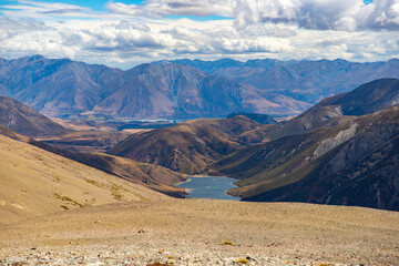 View of Lake Lyndon from track to Foggy Peak in Korowai /Torlesse Tussocklands Park, near Sheffield, Canterbury, new zealand south island, Mountains close to Christchurch