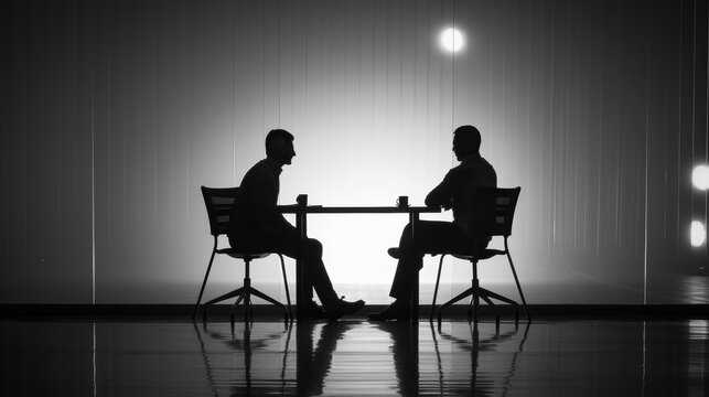 Two men sitting at a table in the dark with their backs to each other, AI