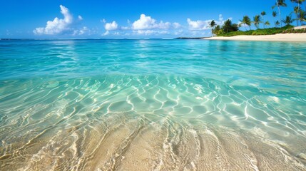 A beach with clear water and palm trees in the background, AI
