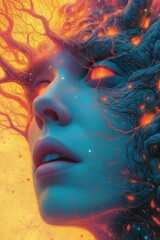  A surreal artwork capturing a face amidst fiery cosmic elements.