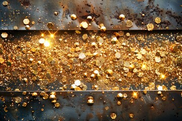 Sparkling Golden Glitter on a Dark Backdrop with Bright Bokeh for Festive Backgrounds and Celebratory Designs