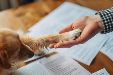 Signing a pet medical insurance contract. Contract form, person's hand and dog's paw on the table....