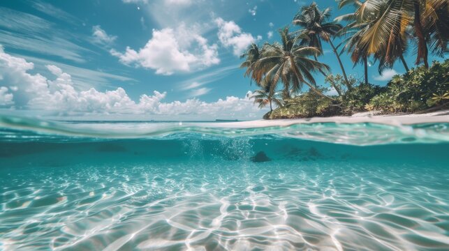 Fototapeta A view of the ocean from under water with palm trees, AI