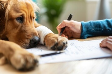 Signing a pet medical insurance contract. Contract form, person's hand and dog, dog's paw on the table. Animal life insurance, pet care, animal protection.